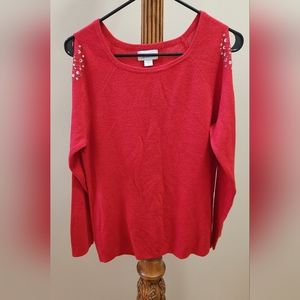 Women's Festive Red Soft Sweater Shoulder Cut Out Small